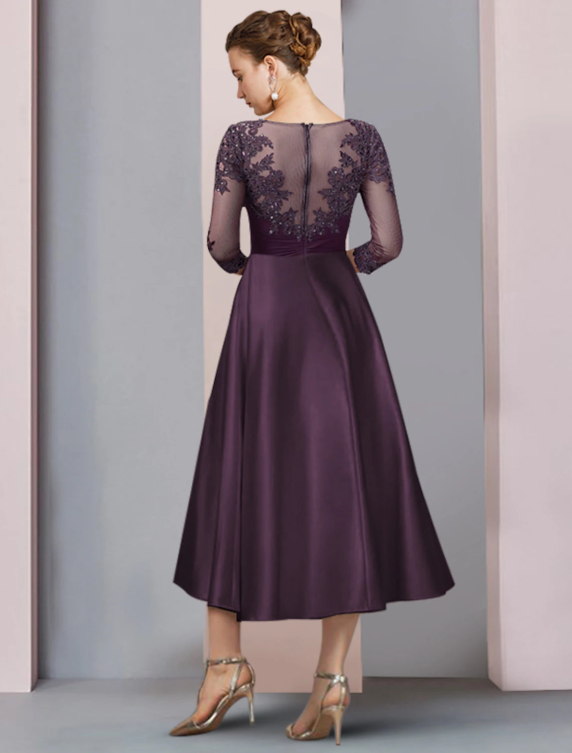 Wholesale  A-Line Mother of the Bride Dress Wedding Guest Elegant Scoop Neck Tea Length Satin Lace Half Sleeve with Sequin Appliques