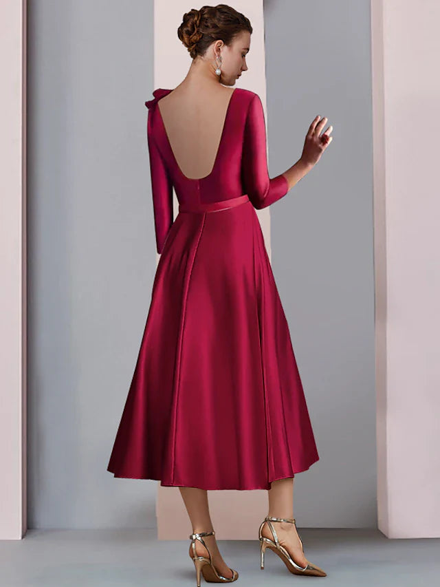 Wholesale A-Line Mother of the Bride Dress Wedding Guest Elegant V Neck Tea Length Satin 3/4 Length Sleeve with Pleats Flower