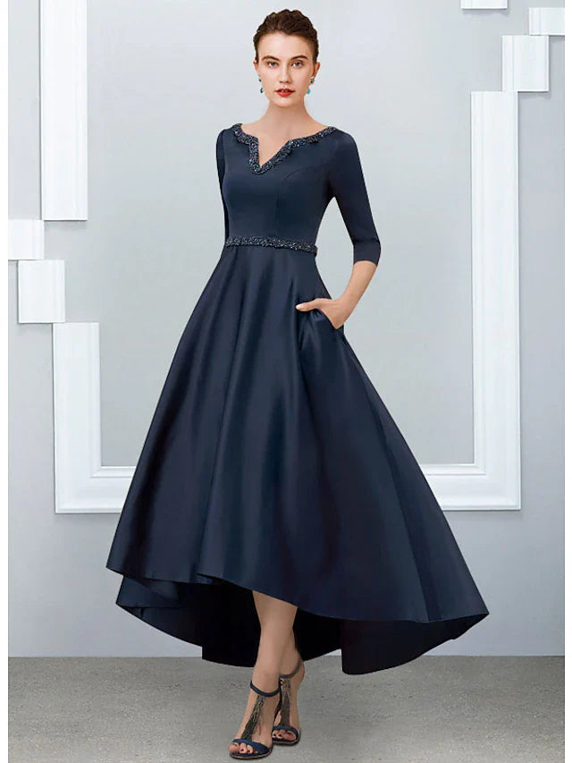 Wholesale A-Line Mother of the Bride Dress Elegant High Low V Neck Asymmetrical Ankle Length Satin Half Sleeve with Pleats