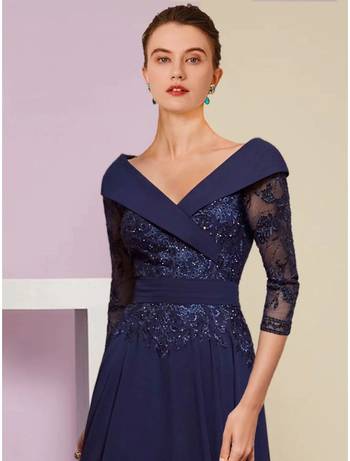 Wholesale A-Line Mother of the Bride Dress Wedding Guest Elegant V Neck Ankle Length Chiffon 3/4 Length Sleeve with Lace Pleats Sequin