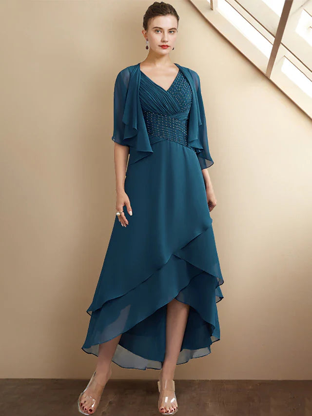 Wholesale A-Line Mother of the Bride Dress Elegant High Low V Neck Asymmetrical Tea Length Chiffon Sleeveless Wrap Included with Beading Cascading Ruffles Side-Draped