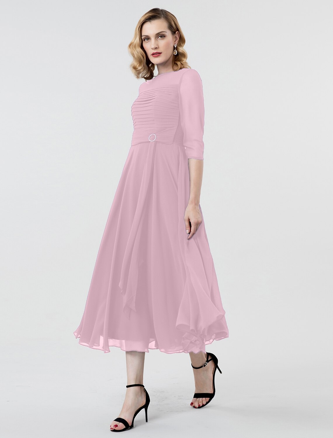 Wholesale  A-Line Elegant Formal Evening Wedding Party Dress Boat Neck 3/4 Length Sleeve Tea Length Georgette with Ruched Crystal Brooch