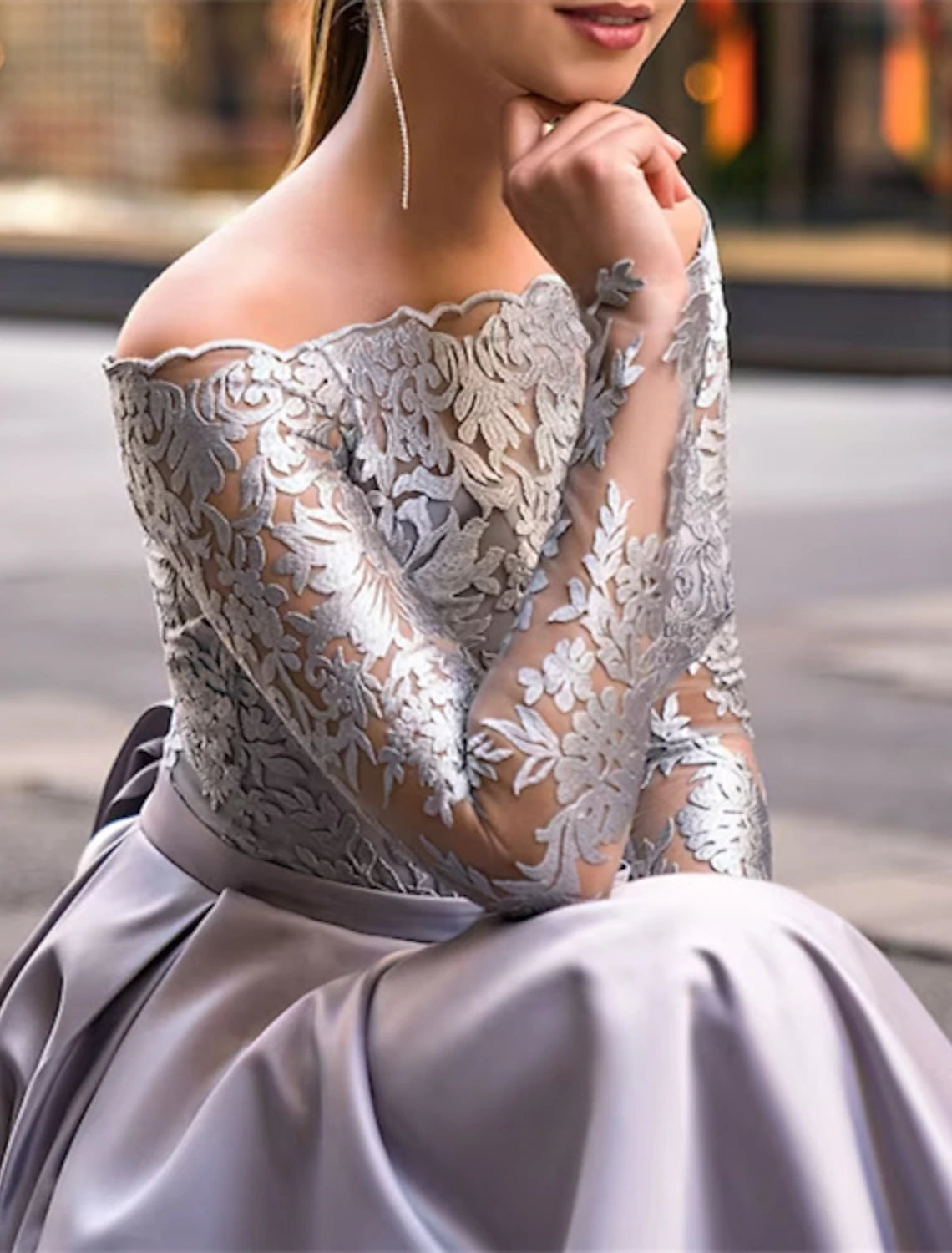 Wholesale A-Line Evening Gown Party Dress Christmas Red Green Dress Elegant Dress Wedding Guest Fall Floor Length Long Sleeve Off Shoulder Belt / Sash Satin with Appliques