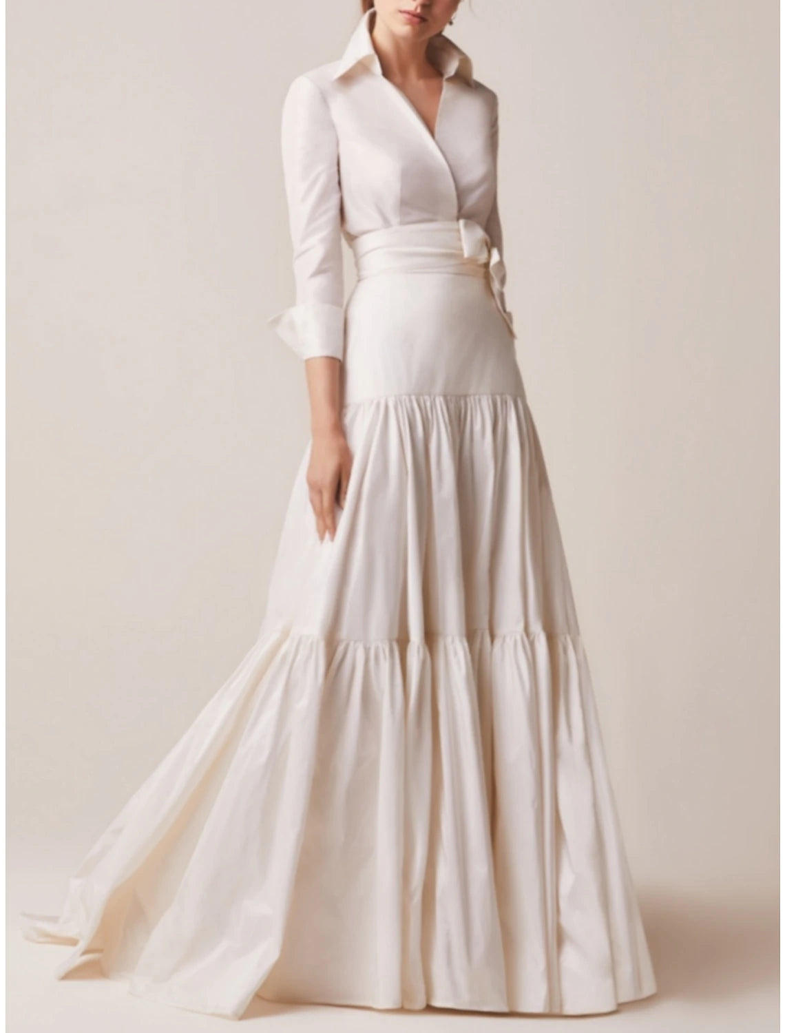 Wholesale A-Line Mother of the Bride Dress Wedding Guest Elegant Shirt Collar Sweep / Brush Train Taffeta Long Sleeve with Bow(s) Ruching