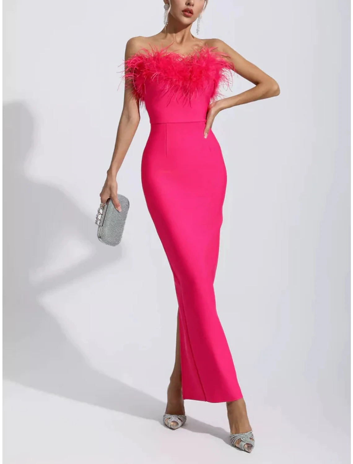 Wholesale Black Sheath / Column Evening Gown Elegant Dress Formal Fall Ankle Length Sleeveless Strapless Stretch Fabric with Feather Slit