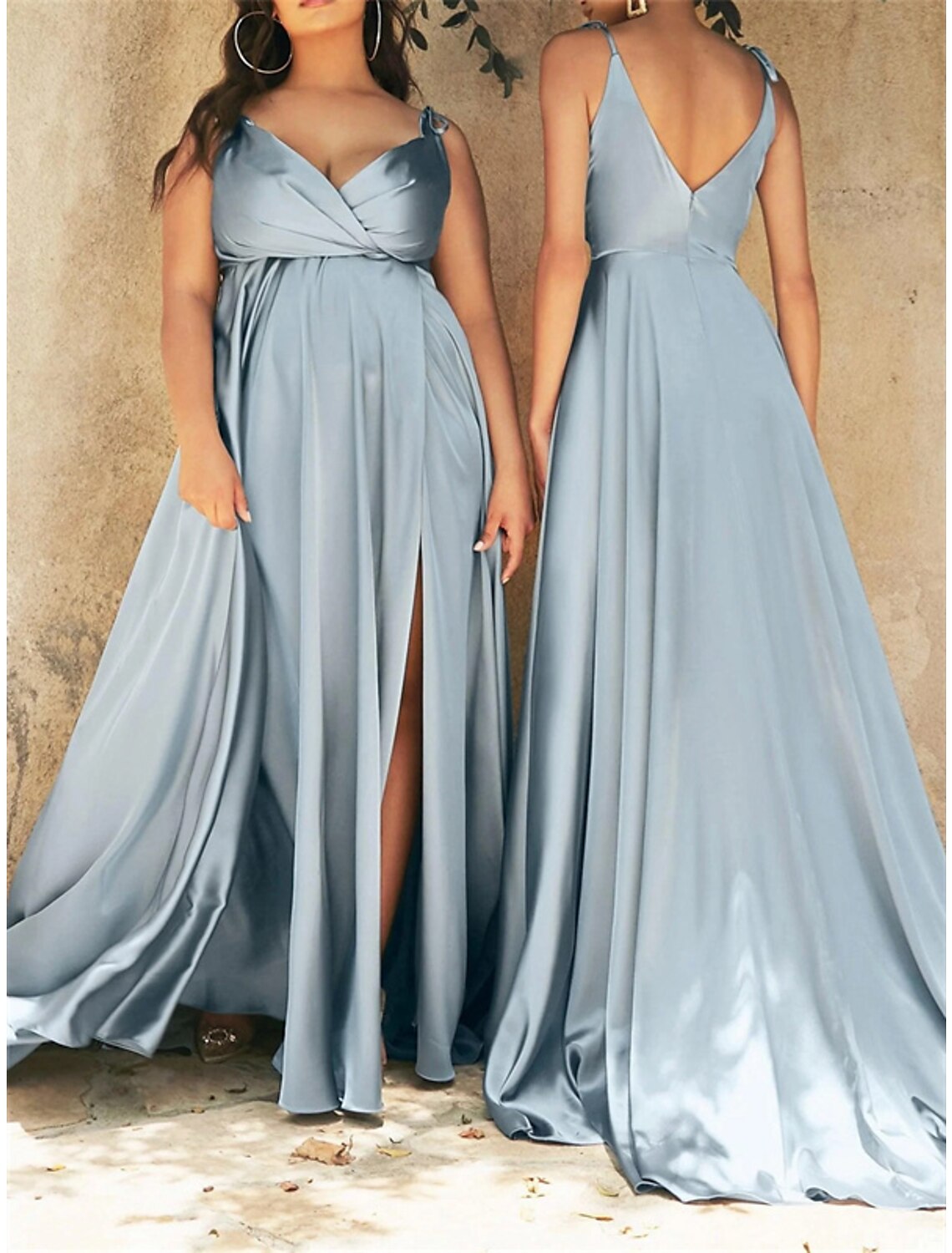 Wholesale A-Line Bridesmaid Dress V Neck Long Sleeve Blue Floor Length Chiffon with Split Front / Ruching