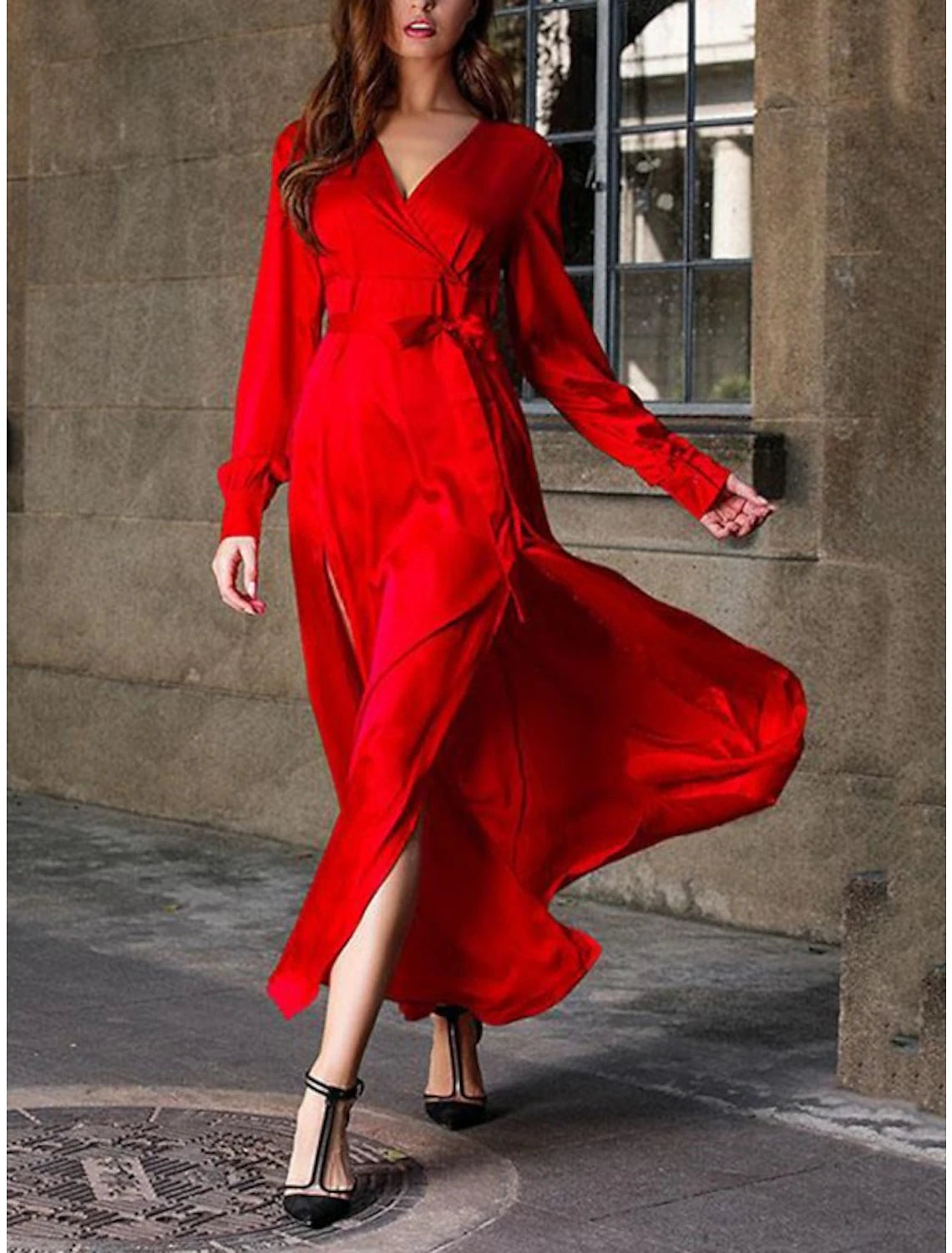 Wholesale Sheath / Column Bridesmaid Dress V Neck Long Sleeve Vintage Sweep / Brush Train Imitated Silk with Sash / Ribbon / Split Front