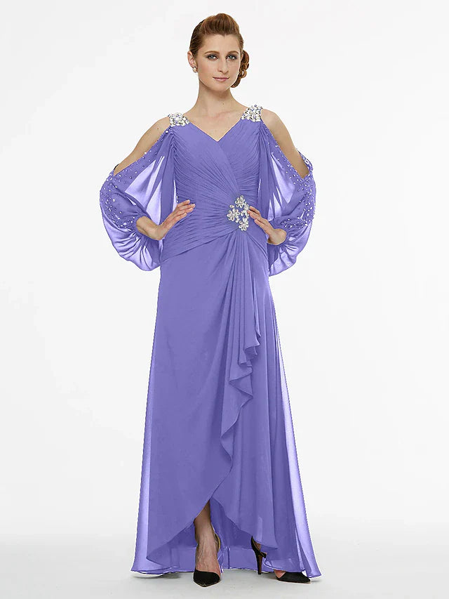 Wholesale A-Line Mother of the Bride Dress High Low V Neck Asymmetrical Chiffon 3/4 Length Sleeve with Sash / Ribbon Pleats Beading