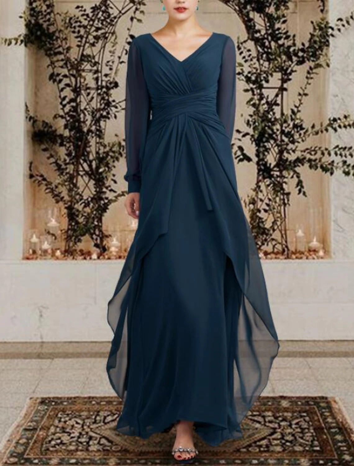 Wholesale  A-Line Mother of the Bride Dress Wedding Guest Plus Size Elegant V Neck Floor Length Chiffon Long Sleeve with Ruched Ruffles Side-Draped Fall