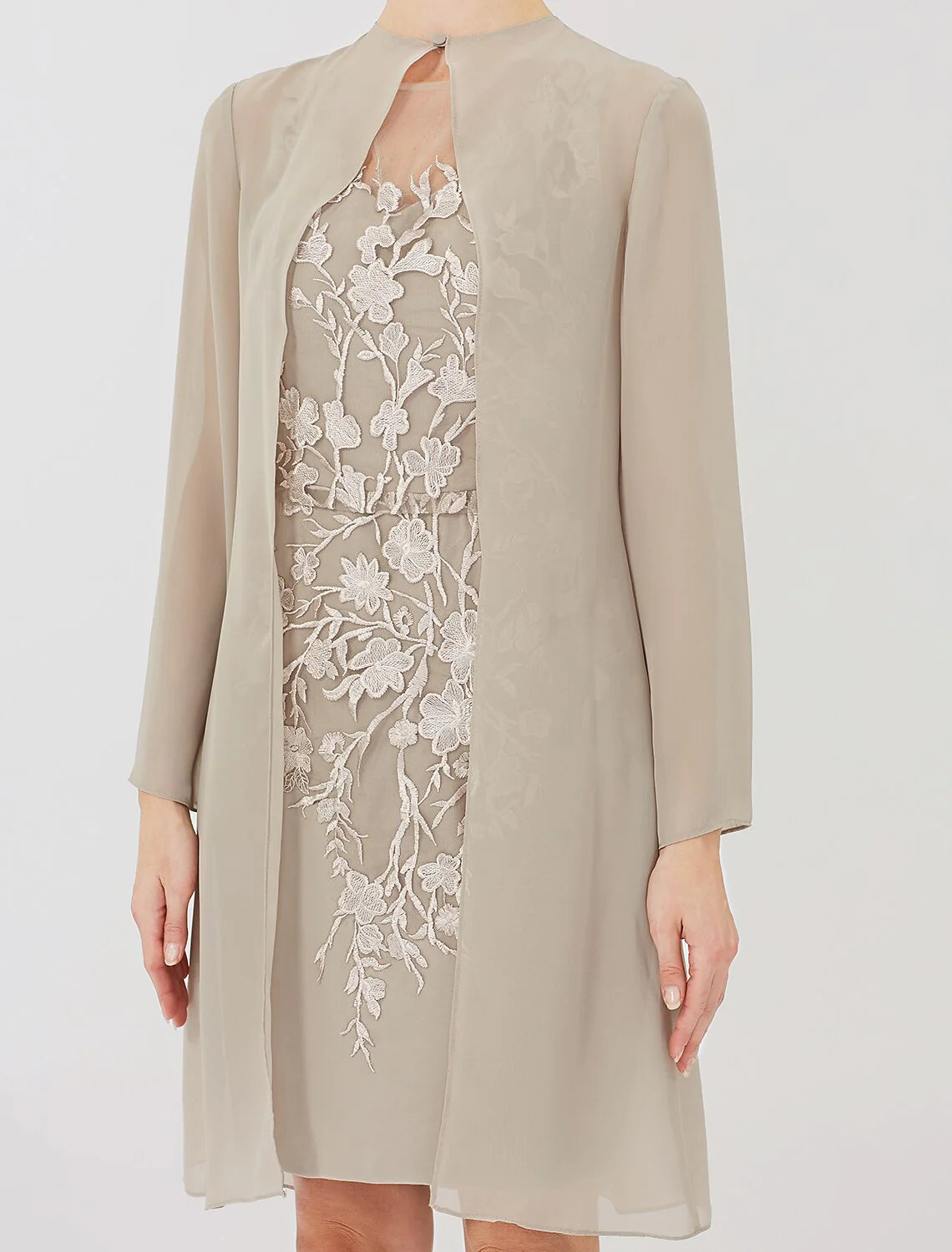 Wholesale Sheath / Column Mother of the Bride Dress Formal Classic & Timeless Elegant & Luxurious Convertible Dress Illusion Neck Knee Length Chiffon All Over Lace Long Sleeve with Appliques