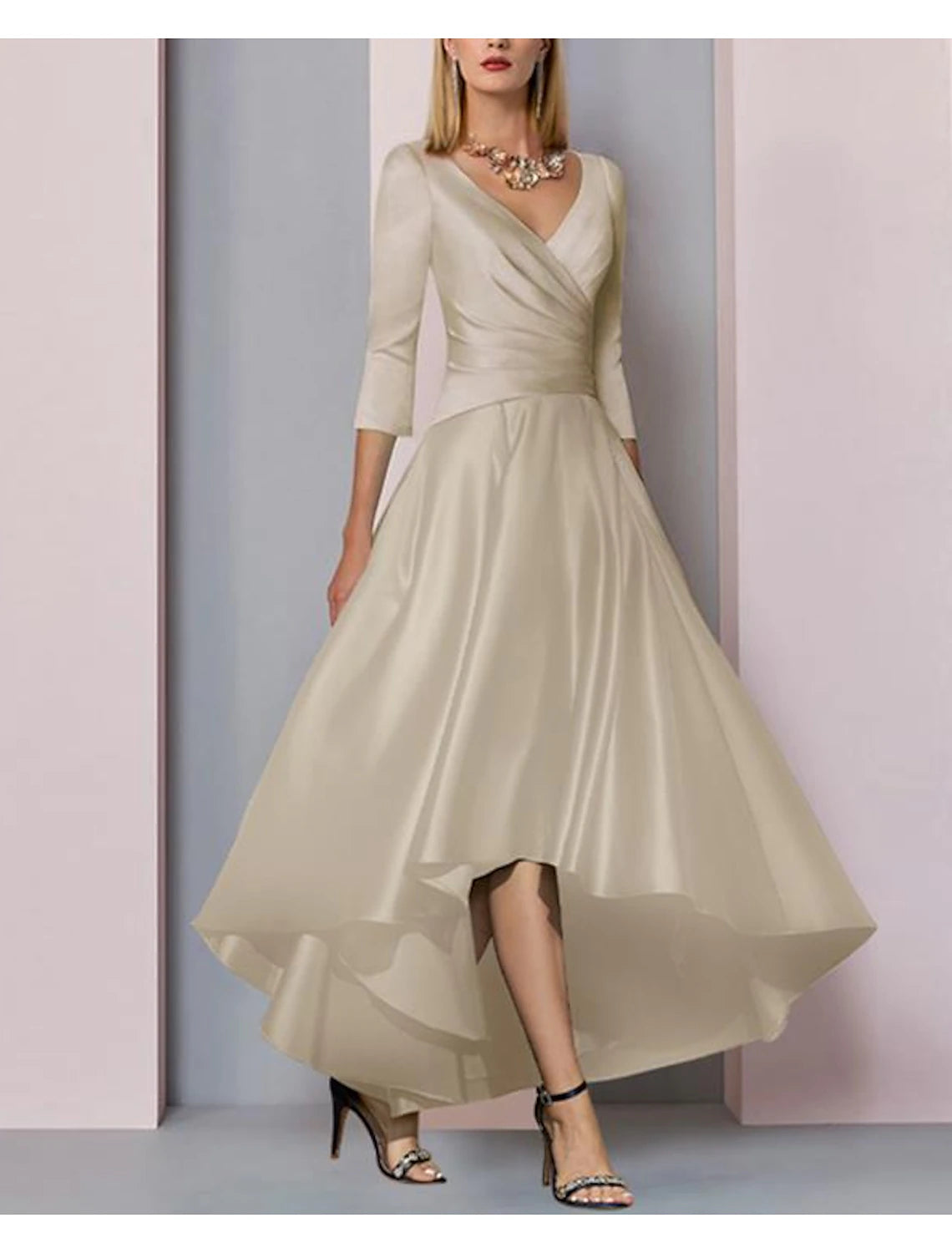 Wholesale  A-Line Mother of the Bride Dress Wedding Guest Elegant High Low V Neck Asymmetrical Ankle Length Satin Half Sleeve with Pleats Side-Draped