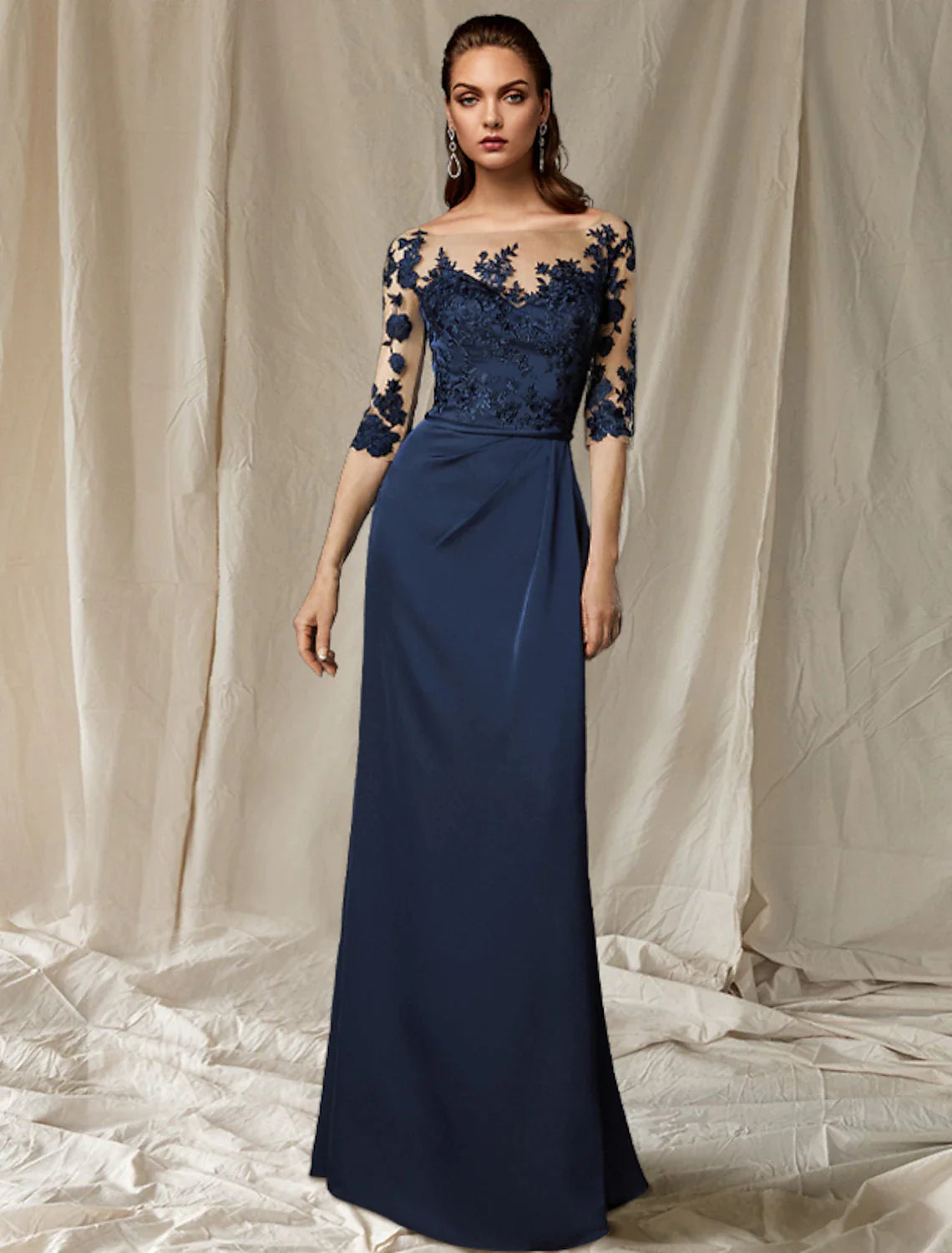 Wholesale Sheath / Column Mother of the Bride Dress Wedding Guest Plus Size Elegant Jewel Neck Sweep / Brush Train Chiffon Half Sleeve with Appliques Fall