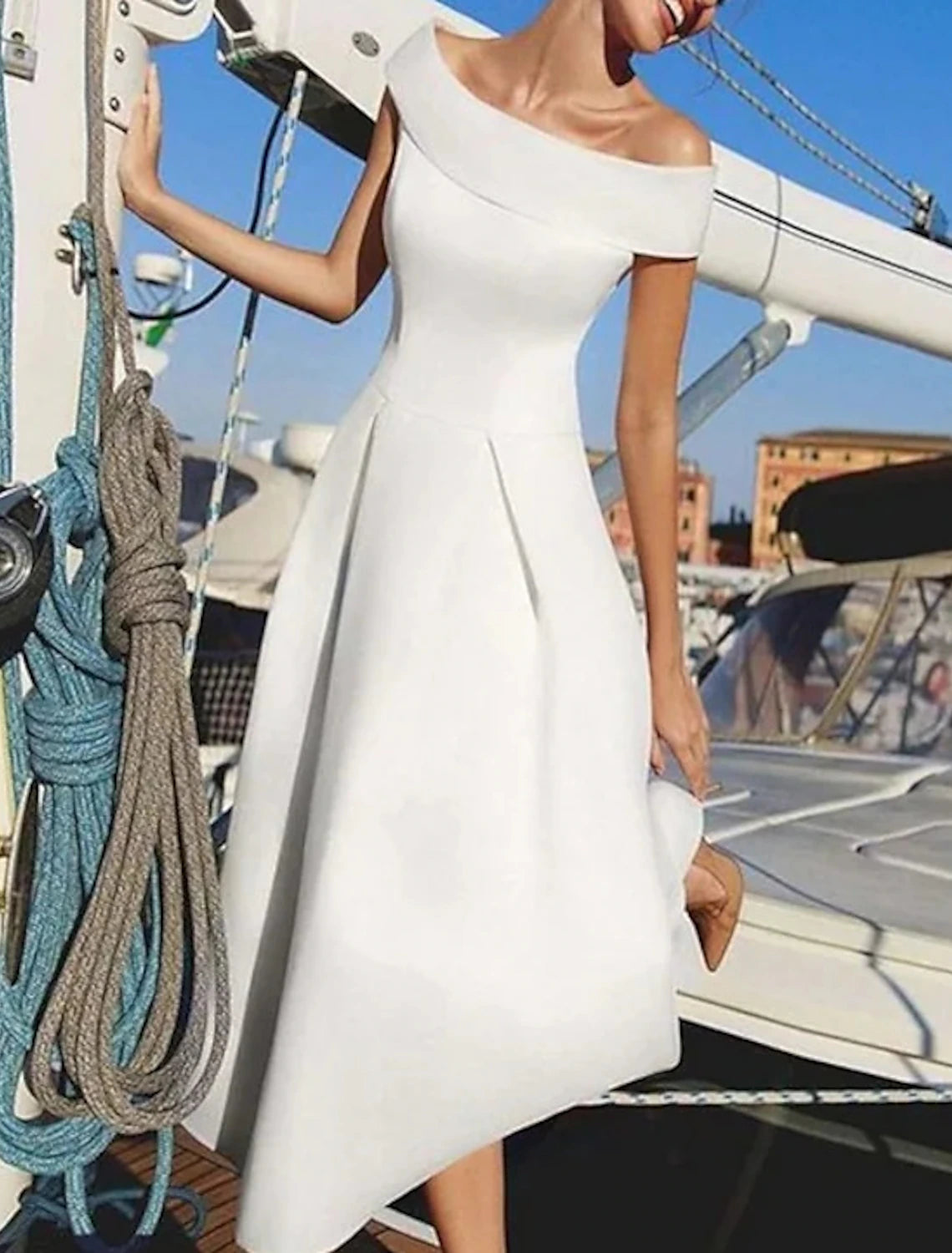 Wholesale A-Line Wedding Guest Dresses Minimalist Dress Wedding Party Birthday Tea Length Short Sleeve Off Shoulder Satin with Pure Color