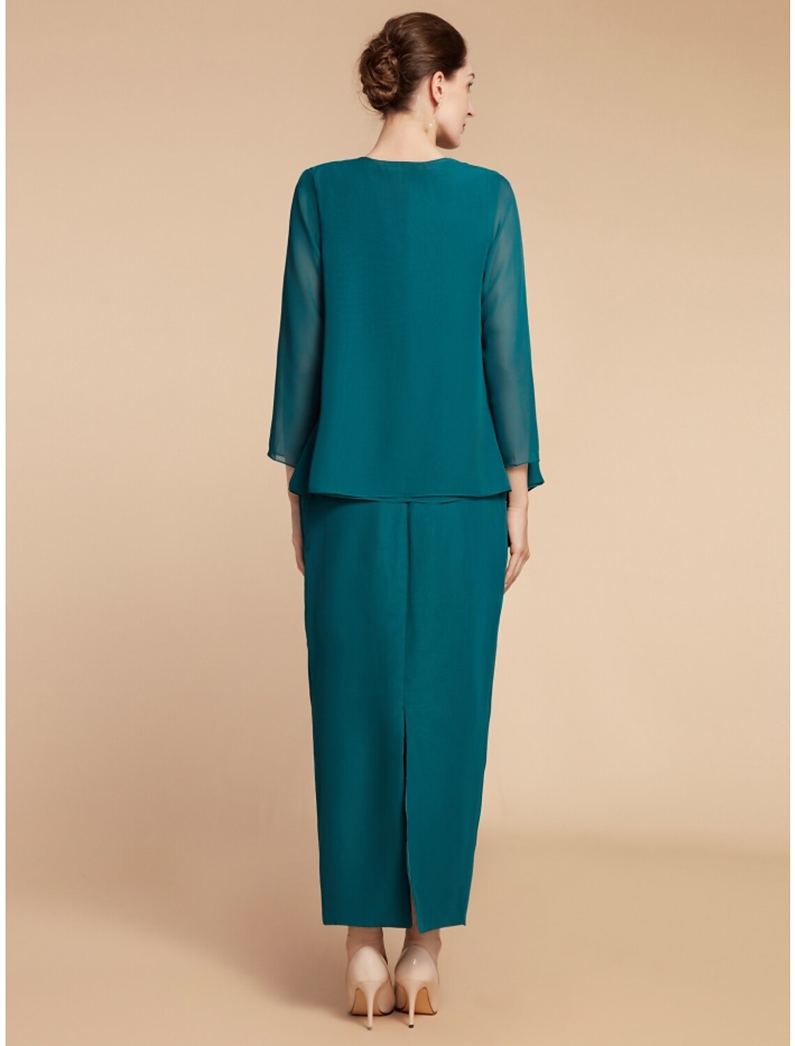 Wholesale Sheath / Column Mother of the Bride Dress Wedding Guest Elegant Simple Jewel Neck Ankle Length Chiffon Long Sleeve with Split Front Ruching Solid Color