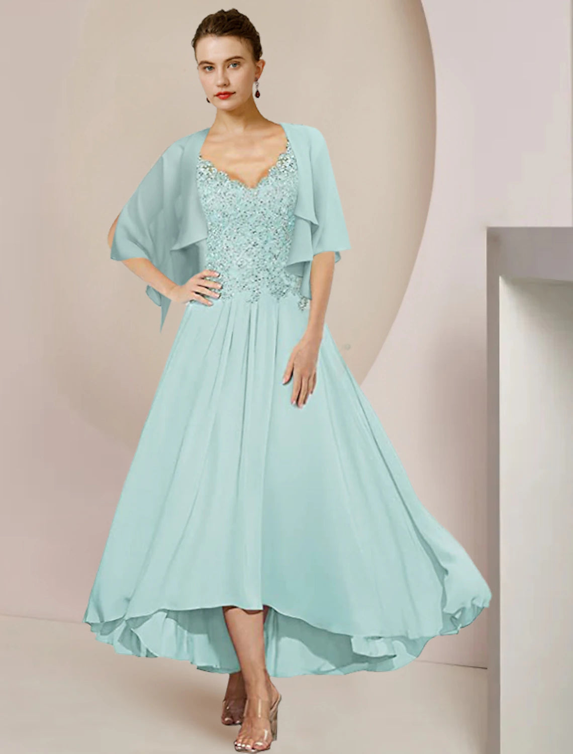 Wholesale  Two Piece A-Line Mother of the Bride Dress Formal Wedding Guest Elegant High Low V Neck Asymmetrical Tea Length Chiffon Lace 3/4 Length Sleeve Wrap Included with Sequin Appliques