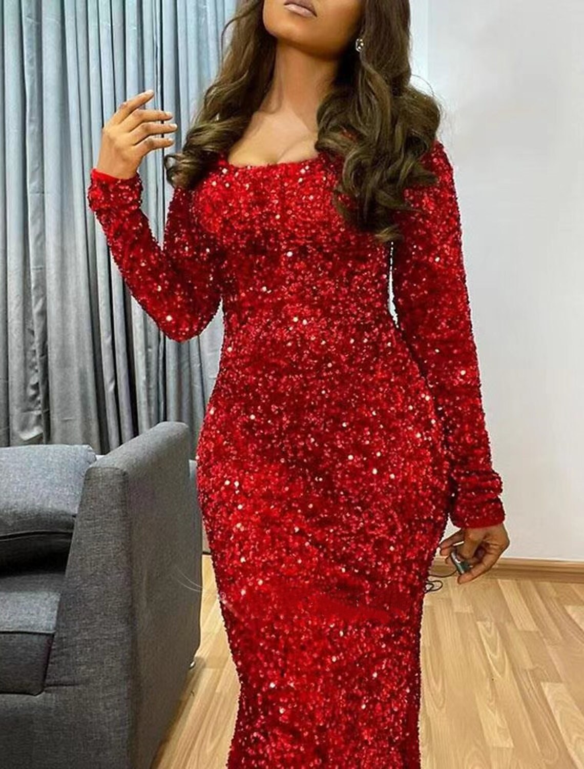 Wholesale Mermaid / Trumpet Evening Gown Sparkle & Shine Dress Formal Wedding Guest Sweep / Brush Train Long Sleeve Scoop Neck Sequined with Sequin