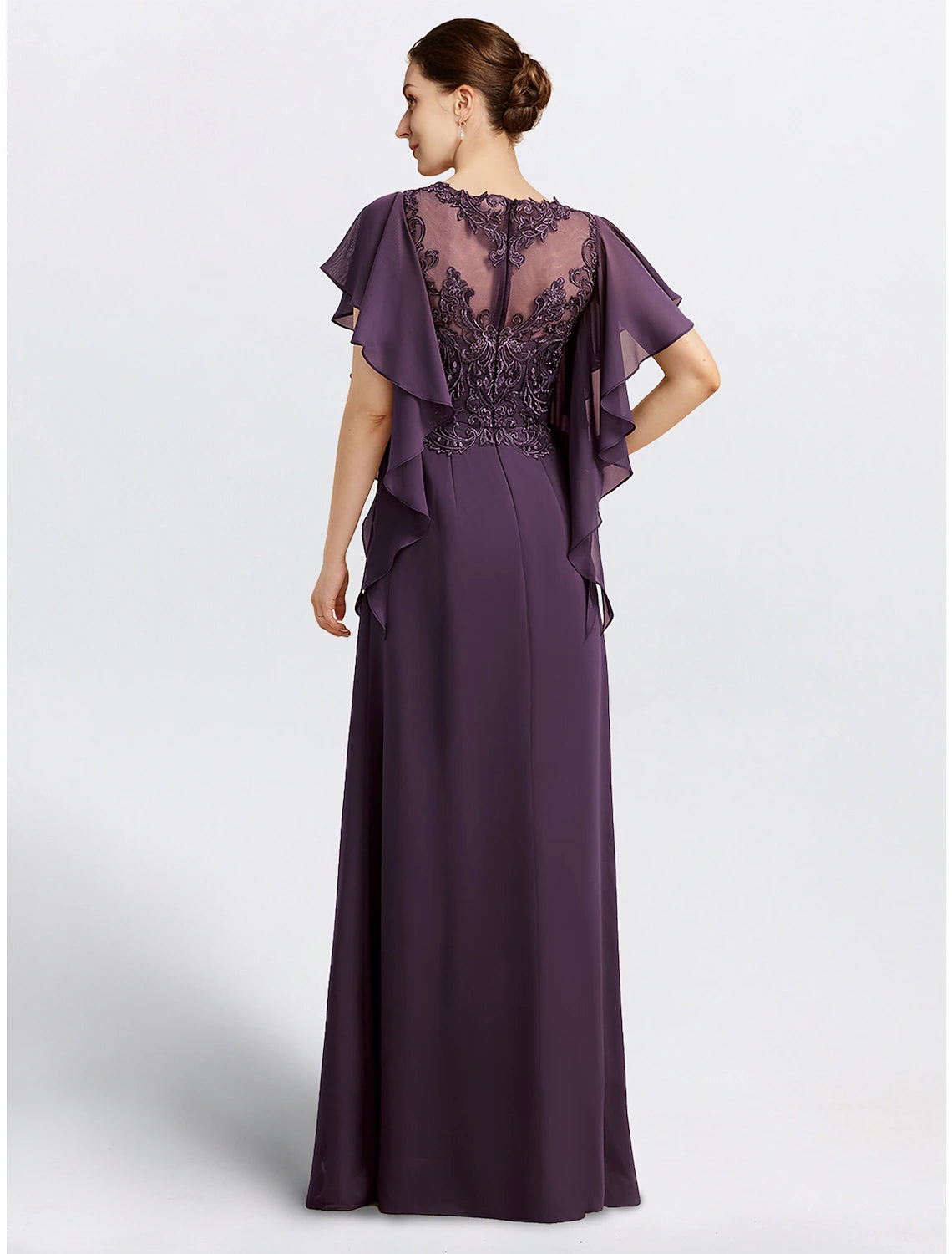 Wholesale Sheath Mother of the Bride Dress Cape Dress Formal Wedding Guest Elegant Jewel Neck Floor Length Chiffon Short Sleeve with Beading Appliques