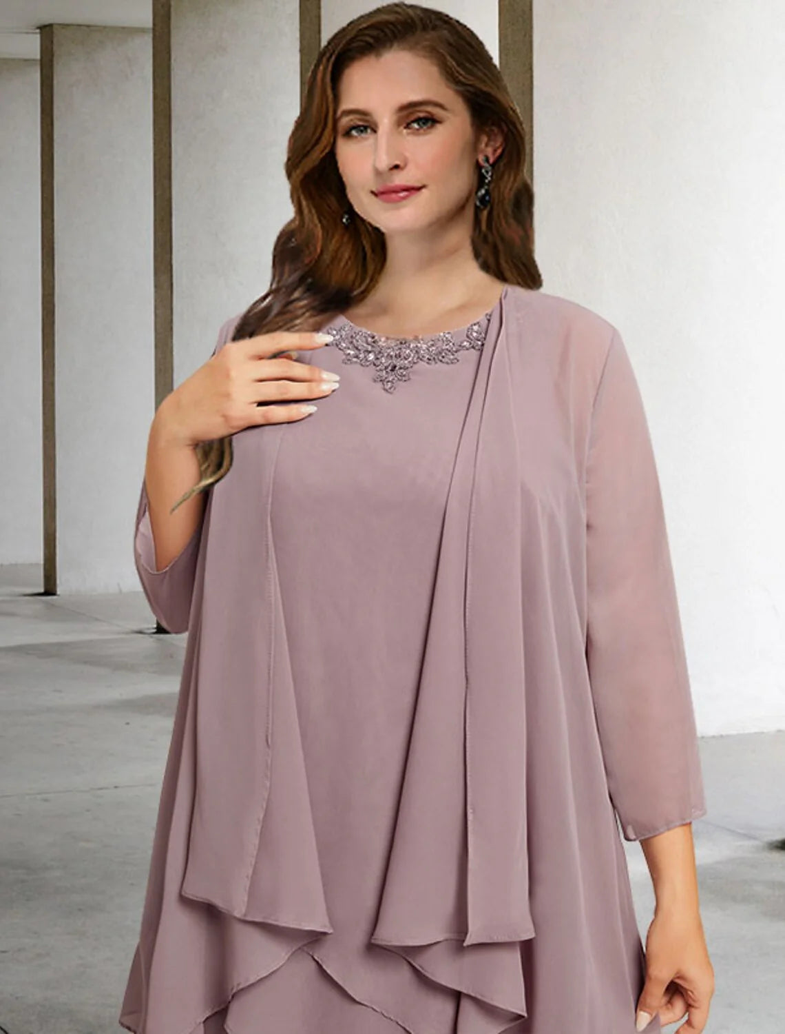 Wholesale Two Piece A-Line Mother of the Bride Dresses Plus Size Hide Belly Curve Elegant Dress Formal Floor Length Sleeveless Jewel Neck Chiffon with Sequin Ruffles Appliques