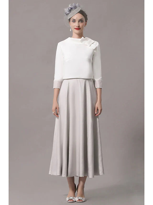 Wholesale Two Piece Mother of the Bride Dress Church Elegant Jewel Neck Ankle Length Stretch Satin 3/4 Length Sleeve with Bow(s)