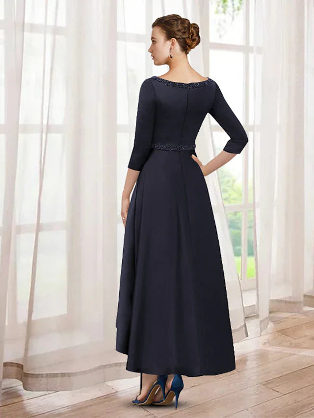 Wholesale A-Line Mother of the Bride Dress Elegant High Low V Neck Asymmetrical Tea Length Satin Half Sleeve with BeadingA-Line Mother of the Bride Dress Elegant High Low V Neck Asymmetrical Tea Length Satin Half Sleeve with Beading
