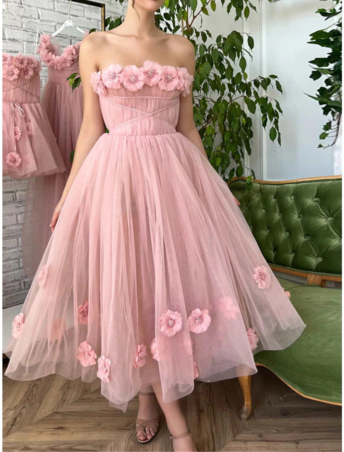 Wholesale Women's Party Dress Homecoming Dress Cocktail Dress Midi Dress Pink Sleeveless Pure Color Mesh Spring Fall Winter Strapless Fashion Wedding Guest Birthday Vacation