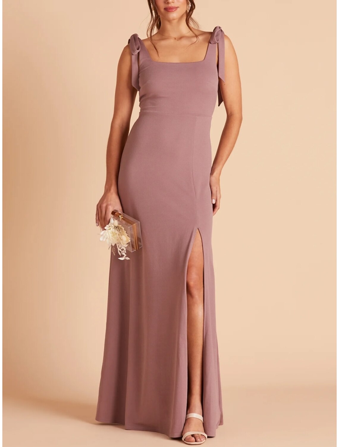 Wholesale Sheath / Column Bridesmaid Dress Square Neck Sleeveless Pink Floor Length Stretch Chiffon with Split Front / Ruching