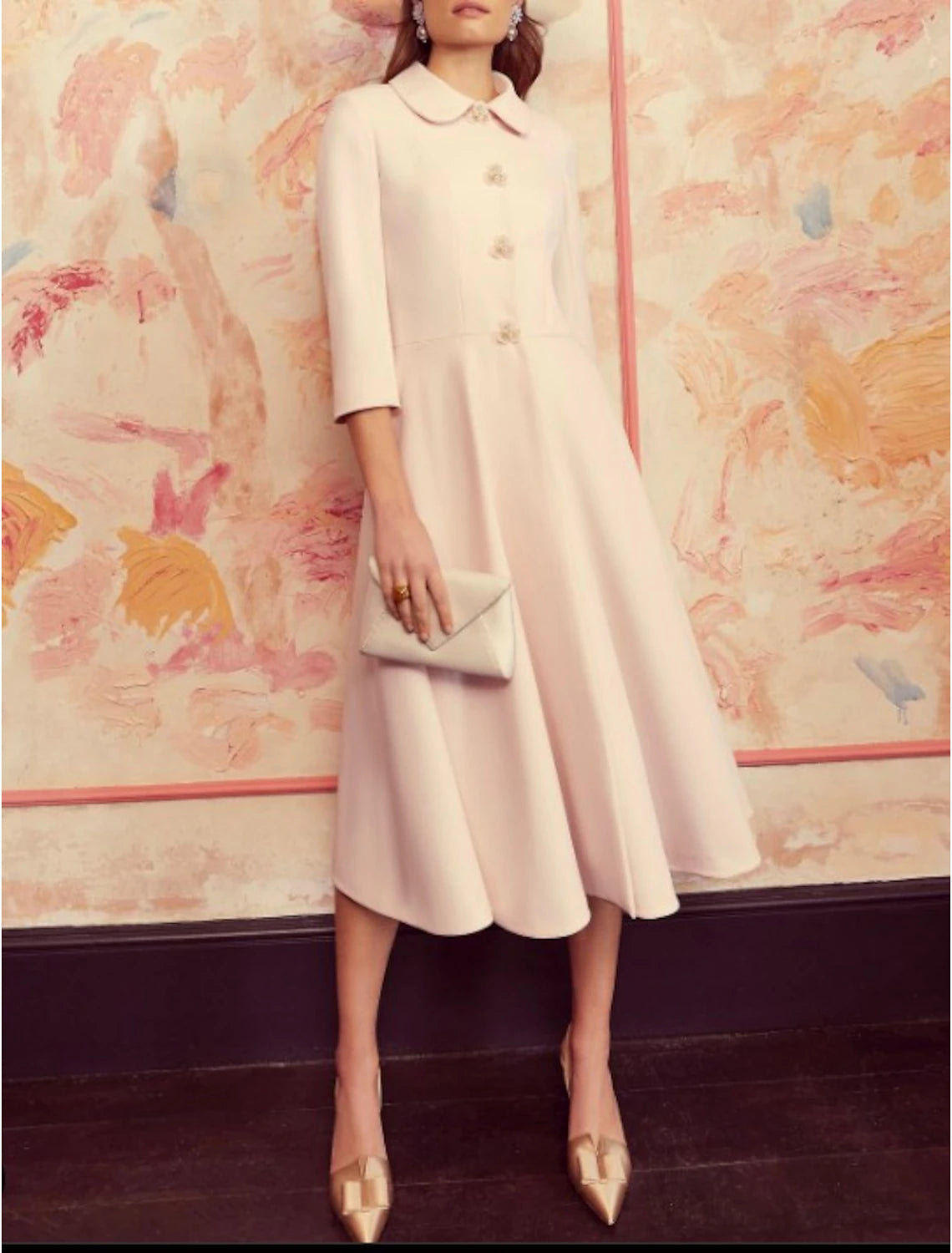 Wholesale A-Line Mother of the Bride Dress Formal Wedding Guest Elegant Shirt Collar Tea Length Chiffon Sequined Stretch Chiffon 3/4 Length Sleeve with Crystals