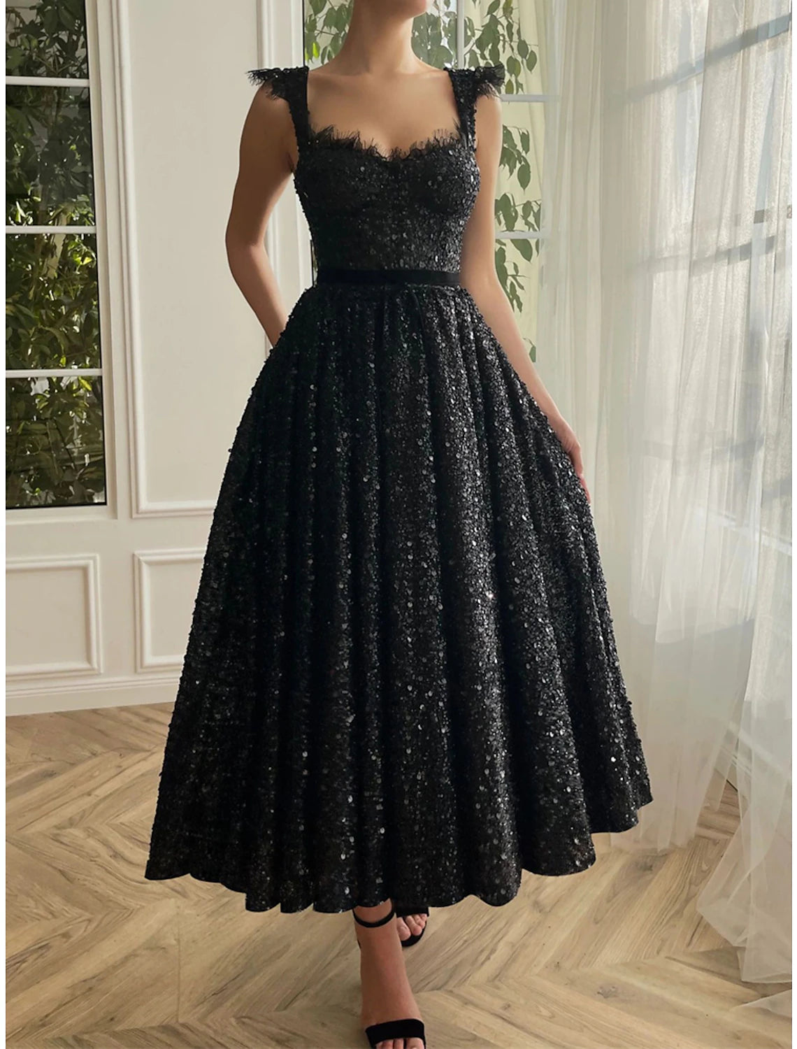 Wholesale Women's Black Sequin Dress Prom Dress Party Dress Lace Dress Sparkly Dress Black Dress Black Homecoming Dress Long Dress Maxi Dress Sleeveless Sparkly Glitter Spring Fall Winter Square