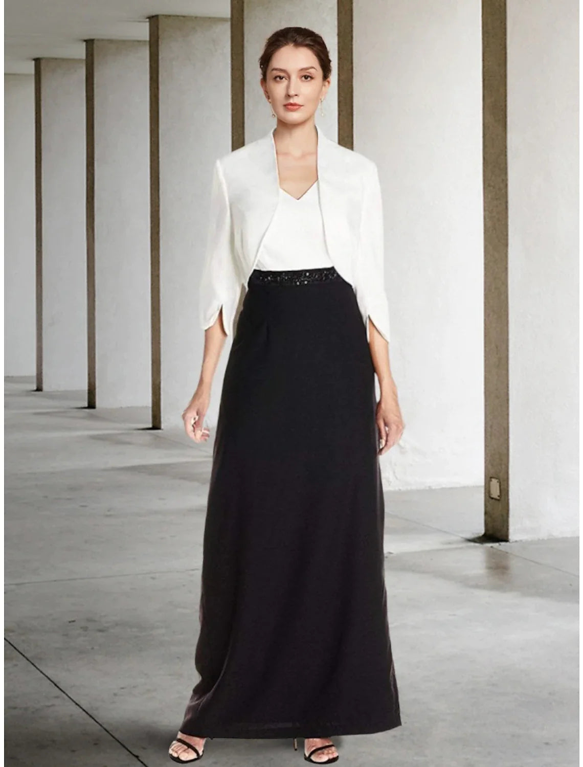 Wholesale Two Piece Sheath / Column Mother of the Bride Dress Wedding Guest Elegant Black Dress V Neck Ankle Length Stretch Chiffon Half Sleeve with Sequin Split Front Ruching