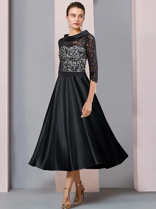 Wholesale A-Line Mother of the Bride Dress Formal Wedding Guest Party Elegant Bateau Neck Tea Length Satin Lace Half Sleeve with Pleats Appliques