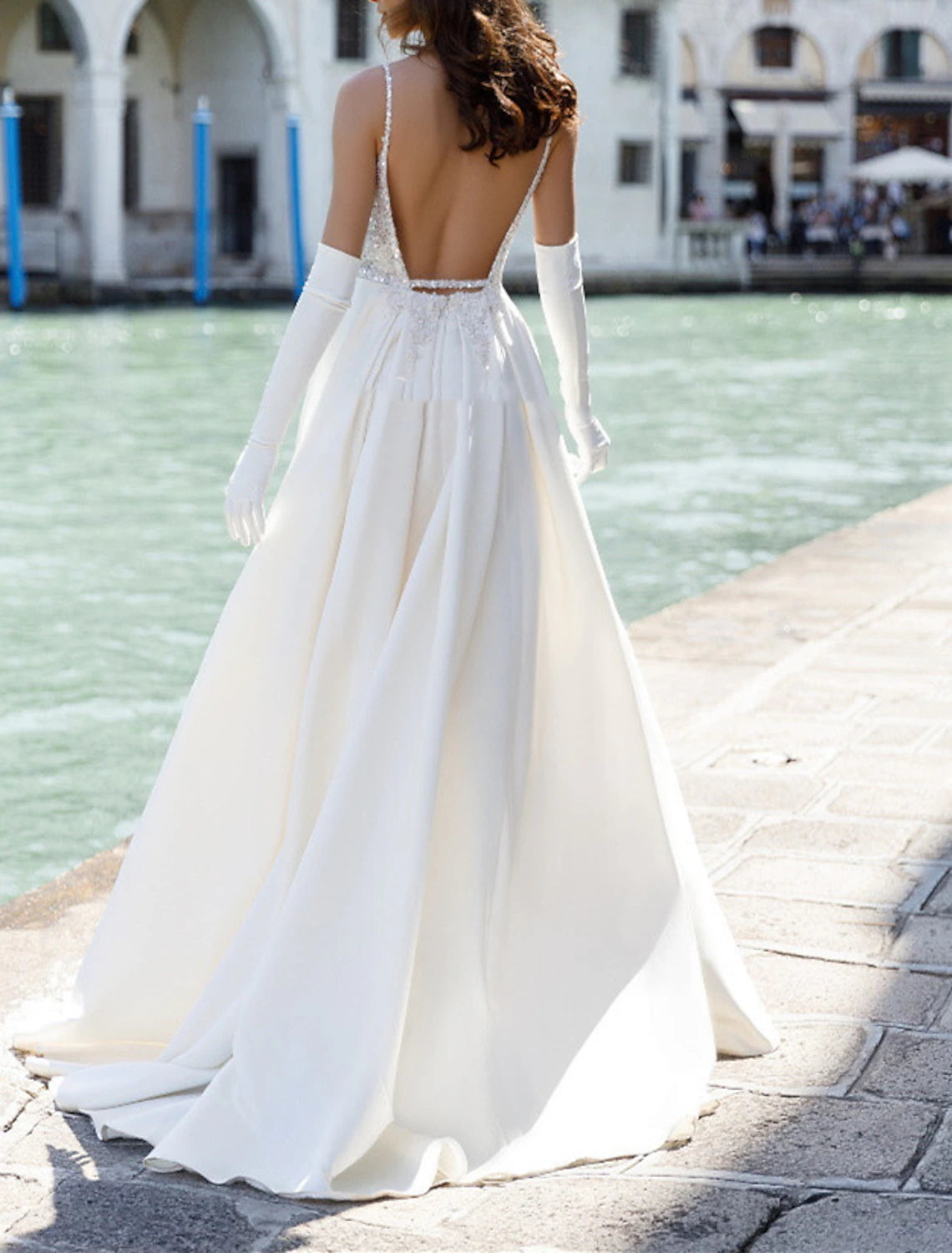 Wholesale Beach Open Back Boho Wedding Dresses A-Line Sweetheart Camisole Spaghetti Strap Sweep / Brush Train Satin Bridal Gowns With Split Front Solid Color