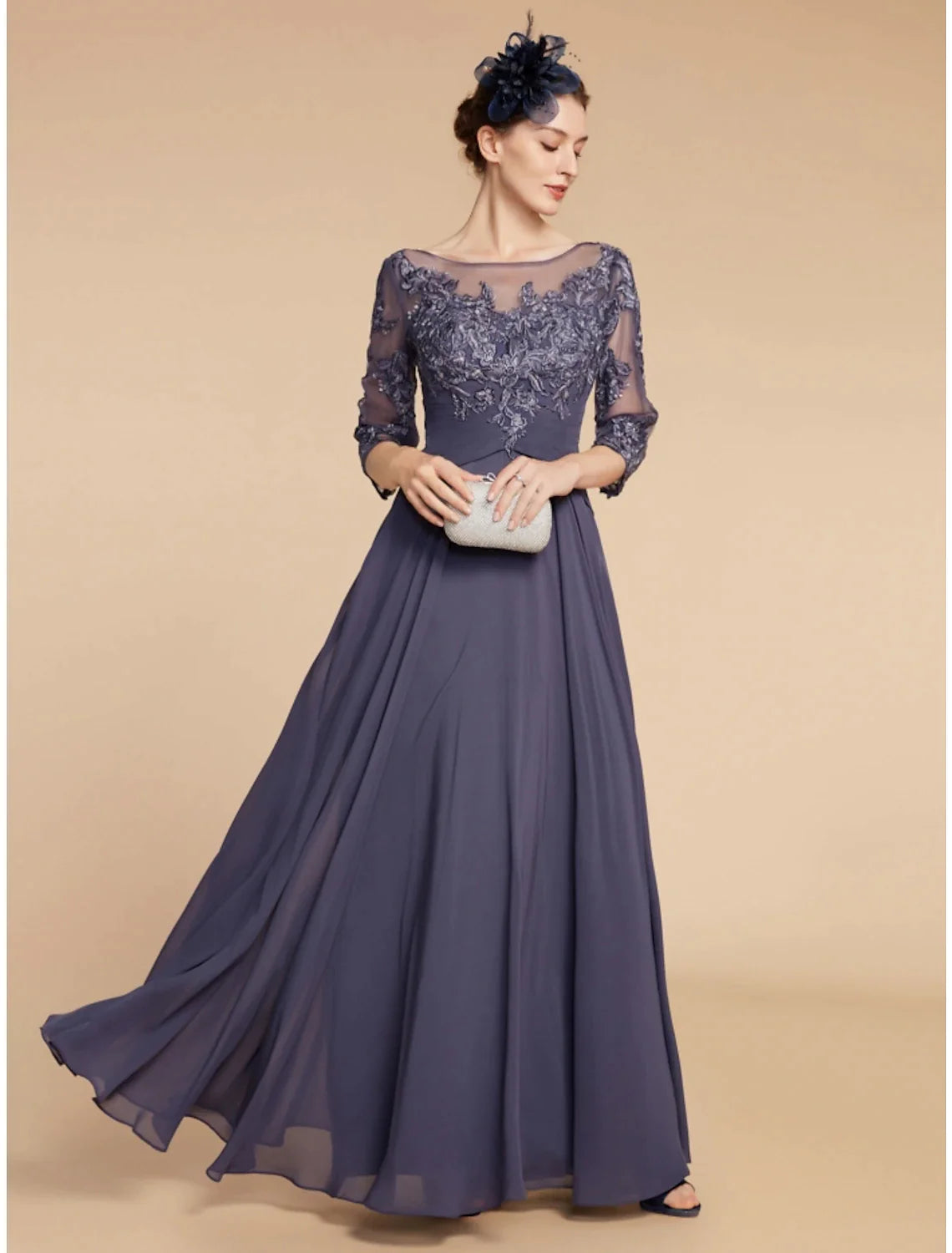Wholesale A-Line Mother of the Bride Dress Wedding Guest Elegant Scoop Neck Floor Length Chiffon Lace 3/4 Length Sleeve with Ruching Solid Color