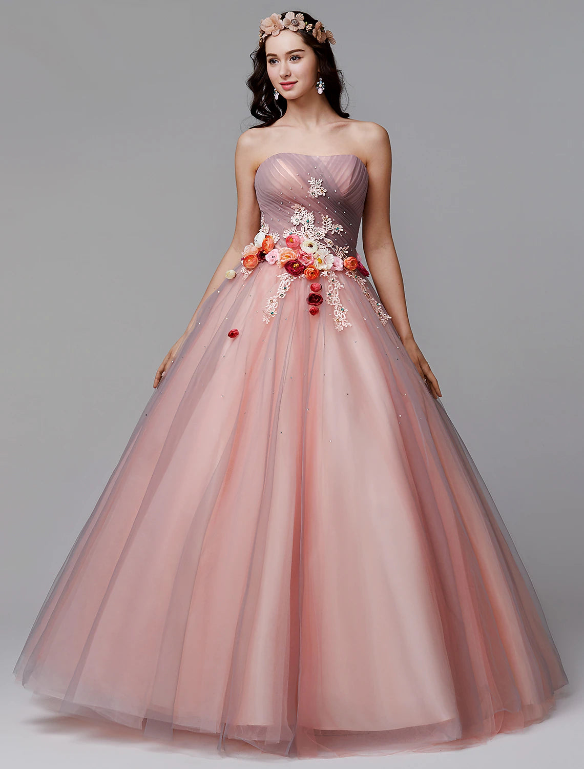Wholesale  Ball Gown Floral Formal Evening Dress Strapless Sleeveless Floor Length Tulle with Pleats Flower