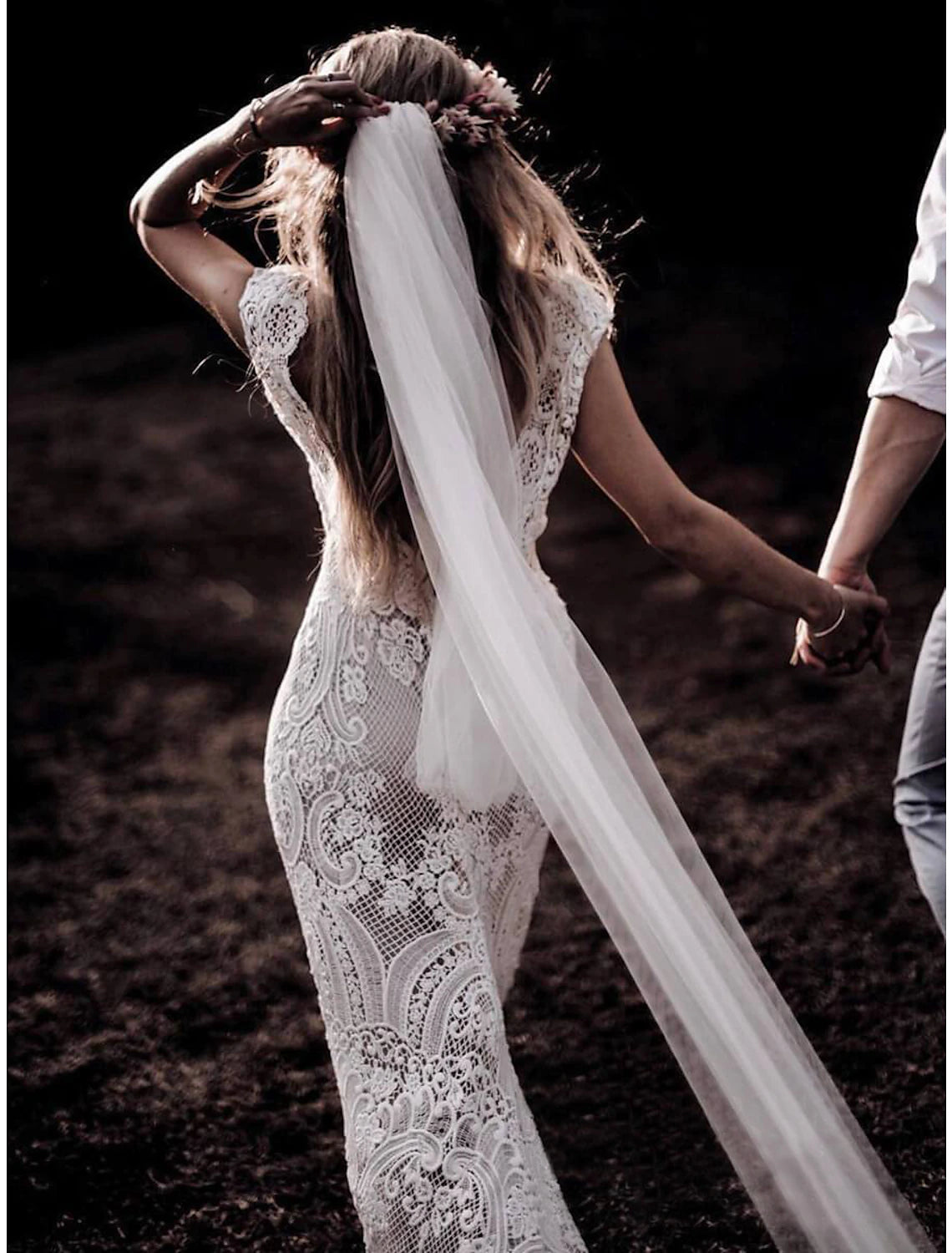 Wholesale  Beach Boho Wedding Dresses Mermaid / Trumpet V Neck Cap Sleeve Court Train Lace Outdoor Bridal Gowns With Appliques Solid