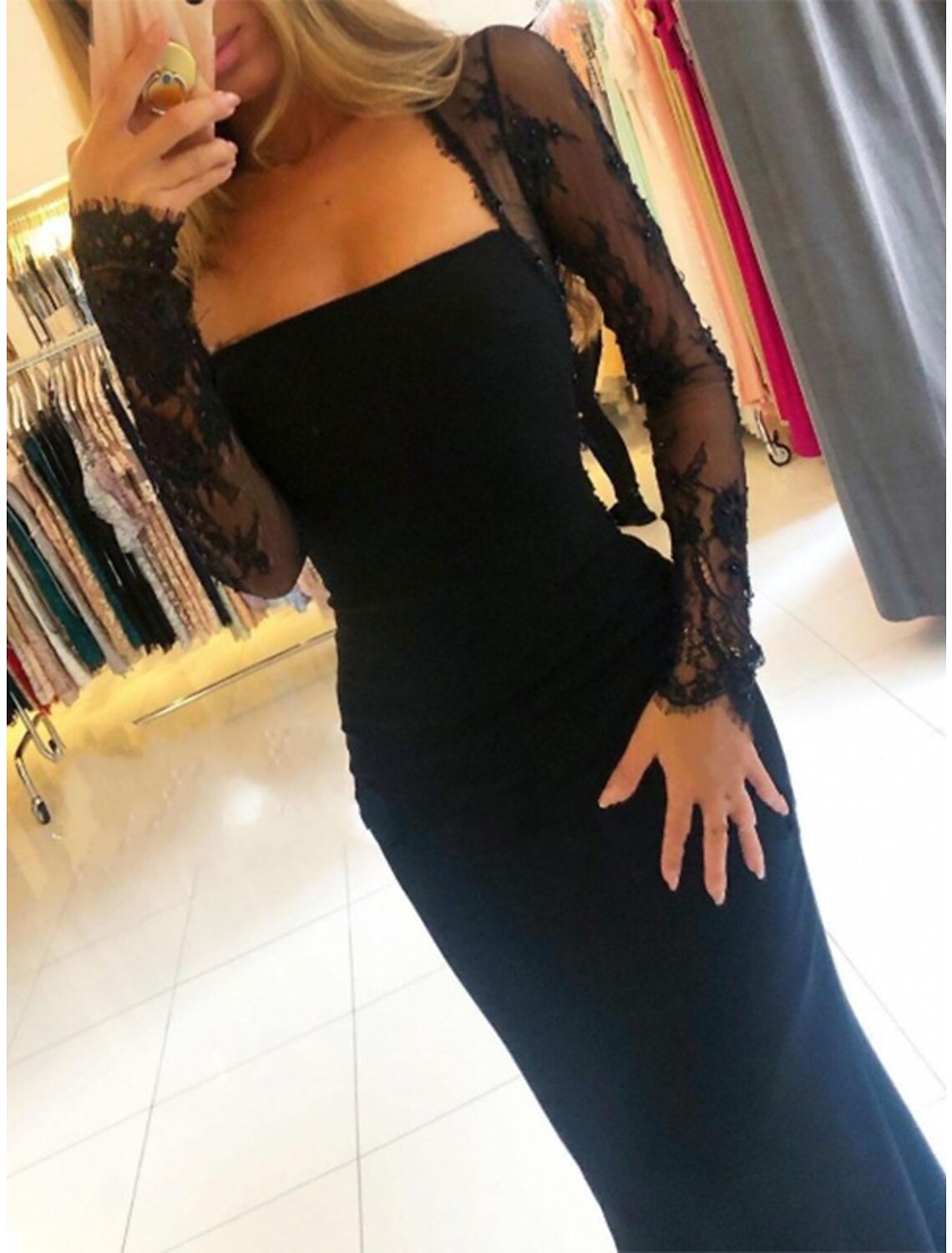 Wholesale  Mermaid / Trumpet Prom Dresses Open Back Dress Formal Prom Court Train Long Sleeve Strapless Stretch Fabric Backless with Beading Appliques