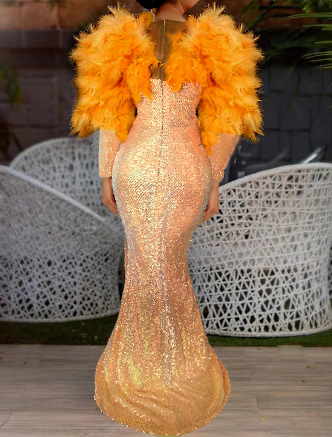 Wholesale Mermaid / Trumpet Evening Gown Sparkle & Shine Dress Carnival Christmas Floor Length Long Sleeve V Neck Sequined with Feather Crystals