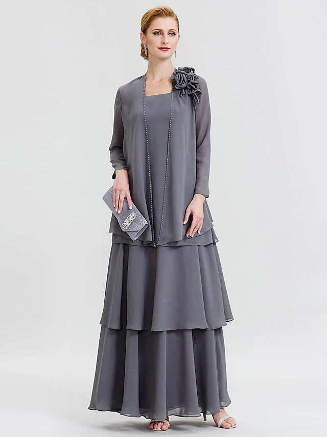 Wholesale A-Line Mother of the Bride Dress Formal Floral Convertible Dress Scoop Neck Floor Length Chiffon Long Sleeve Wrap Included with Beading Flower Tiered