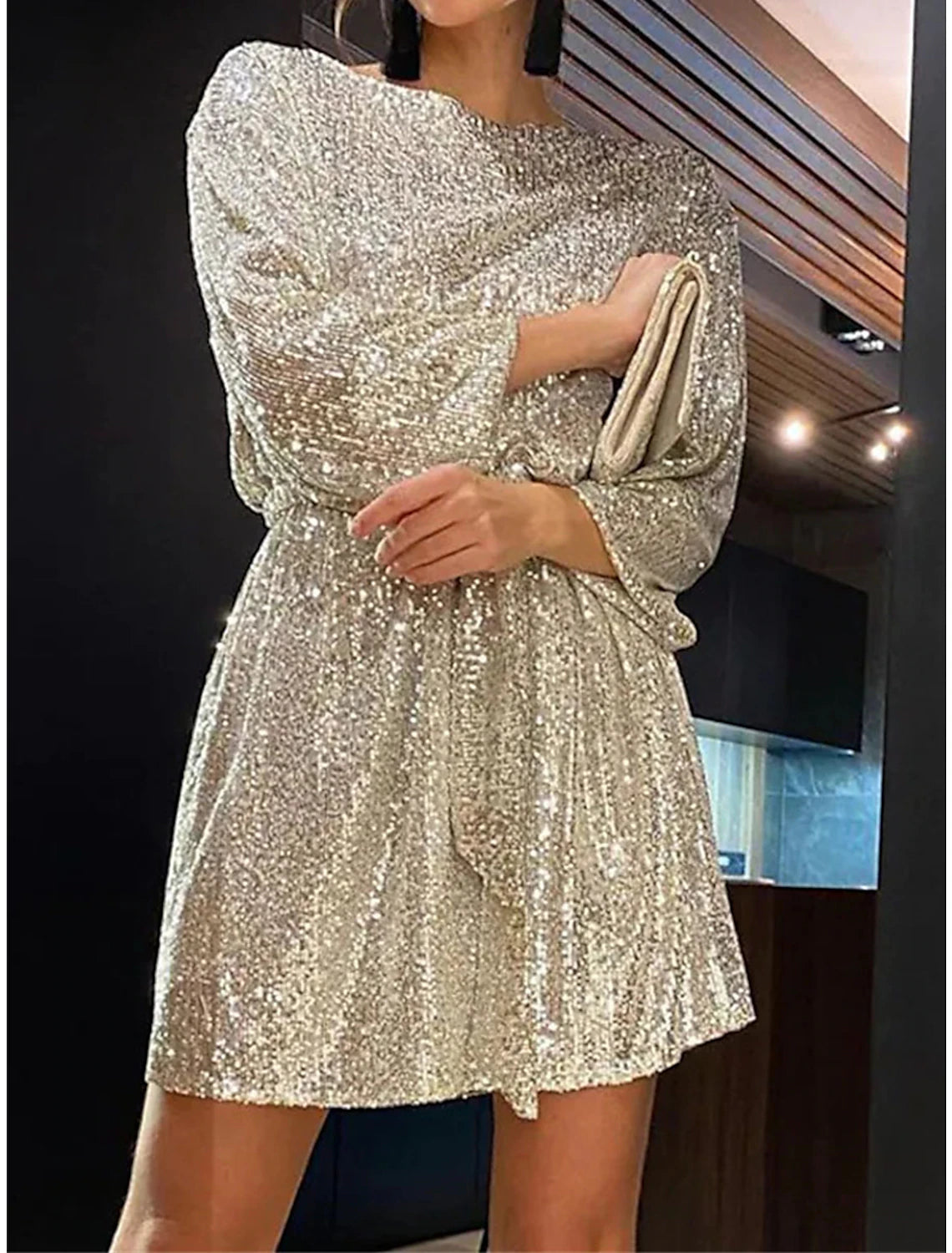 Wholesale Women's Gold Sequin Dress Party Dress New Year's Eve Dress Sparkly Dress Black Dress Homecoming Cocktail Dress Mini Dress Silver White Long Sleeve Sparkly Glitter Lace up Winter Dress