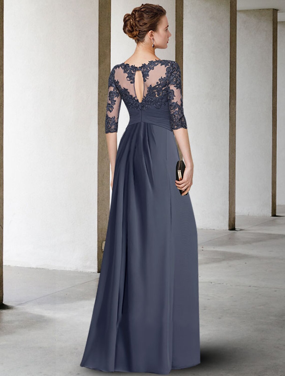 Wholesale  Sheath / Column Plus Size Curve Mother of the Bride Dress Elegant Jewel Neck Floor Length Chiffon Lace Half Sleeve with Pleats Ruched Appliques