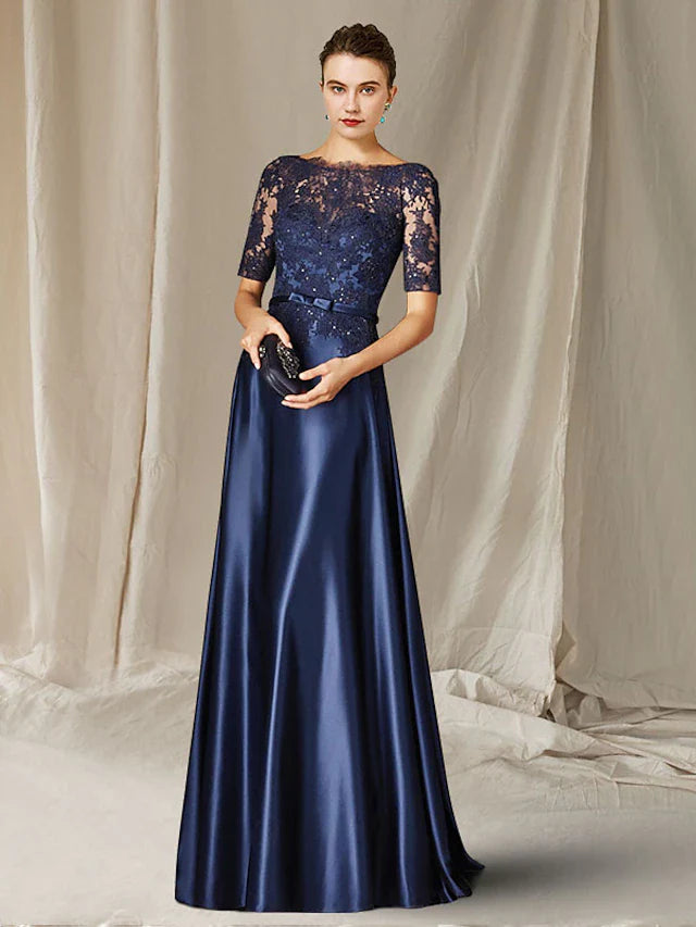 Wholesale A-Line Mother of the Bride Dress Plus Size Elegant Jewel Neck Floor Length Lace Charmeuse Short Sleeve with Bow(s) Appliques