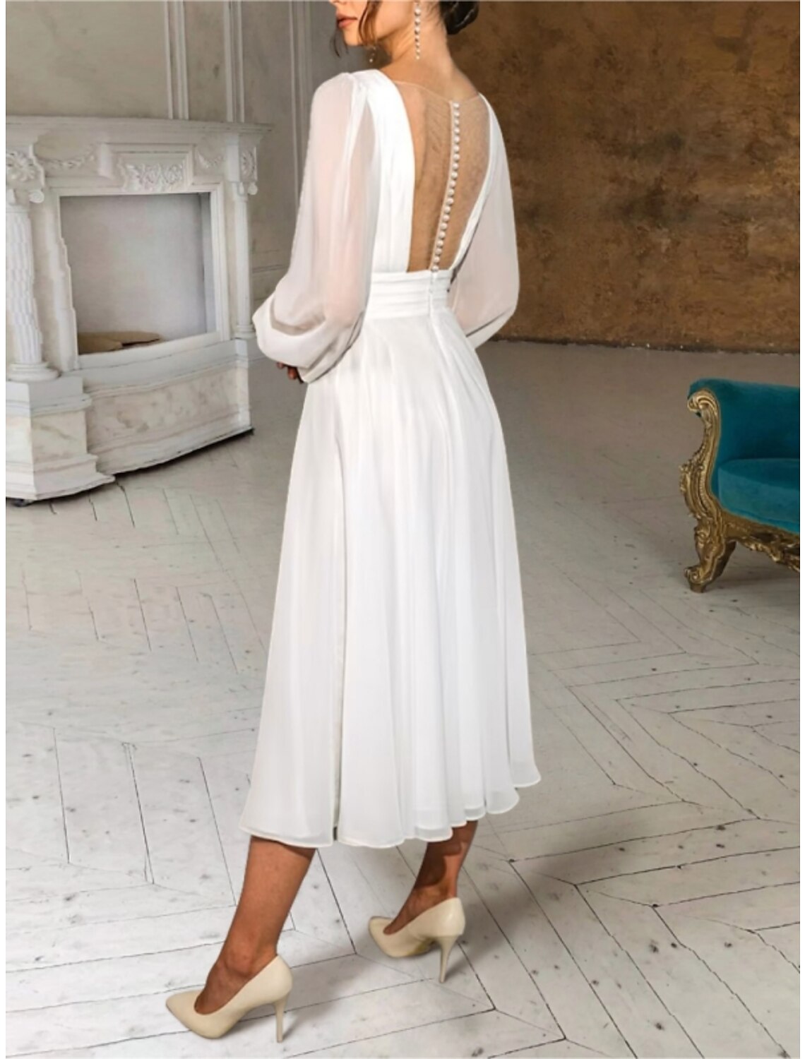 Wholesale Casual Wedding Dresses Sheath / Column V Neck Long Sleeve Ankle Length Chiffon Bridal Gowns With Pleats Ruched