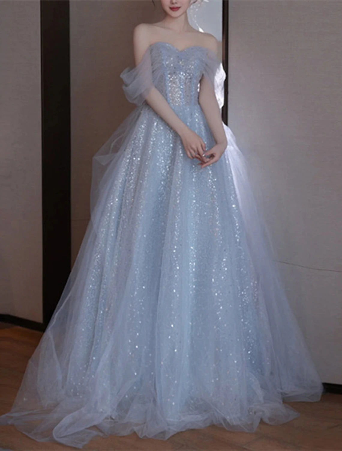 Wholesale A-Line Party Dresses Sparkle & Shine Dress Wedding Guest Prom Floor Length Sleeveless Off Shoulder Sequined with Sequin