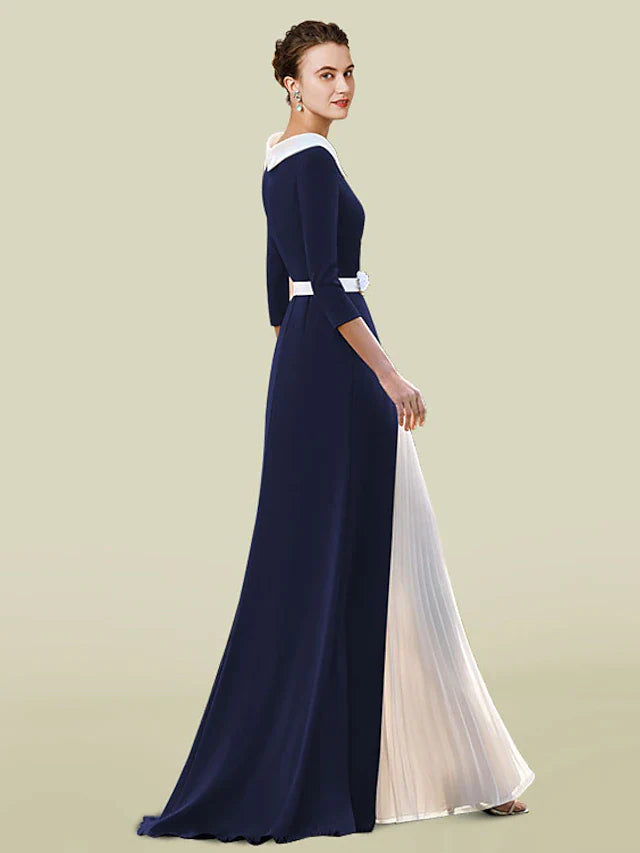 Wholesale A-Line Mother of the Bride Dress Elegant Jewel Neck Floor Length Chiffon Stretch Fabric Half Sleeve with Sash / Ribbon Pleats