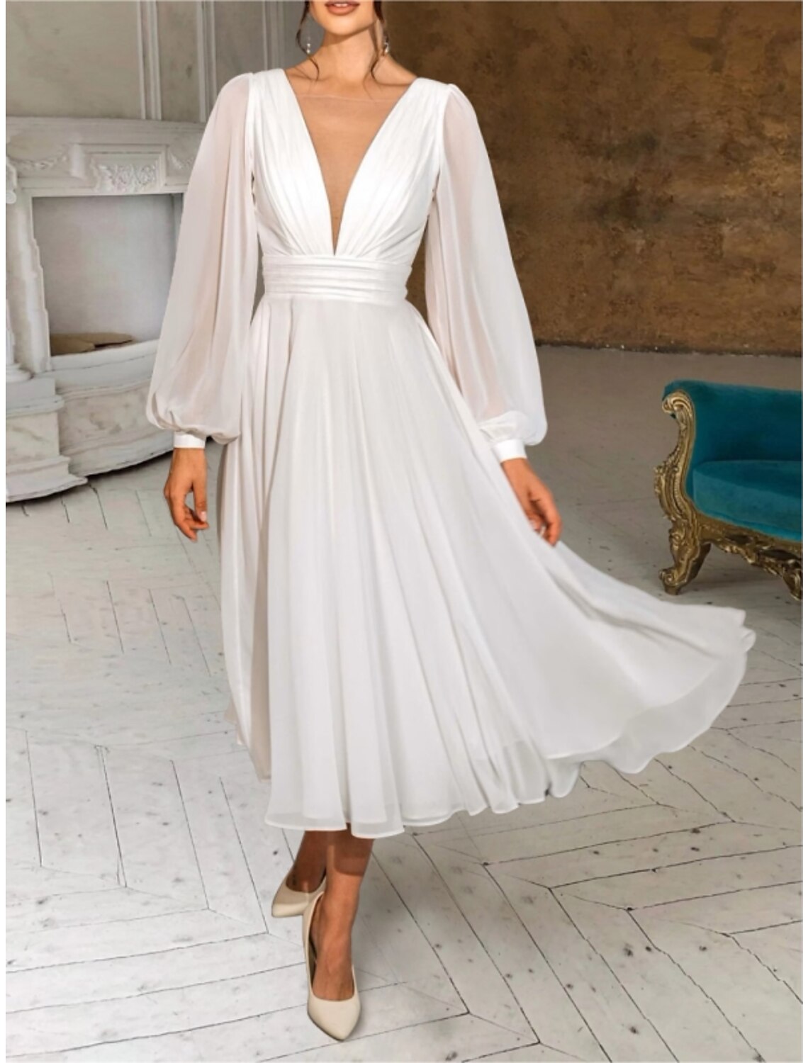 Wholesale Casual Wedding Dresses Sheath / Column V Neck Long Sleeve Ankle Length Chiffon Bridal Gowns With Pleats Ruched