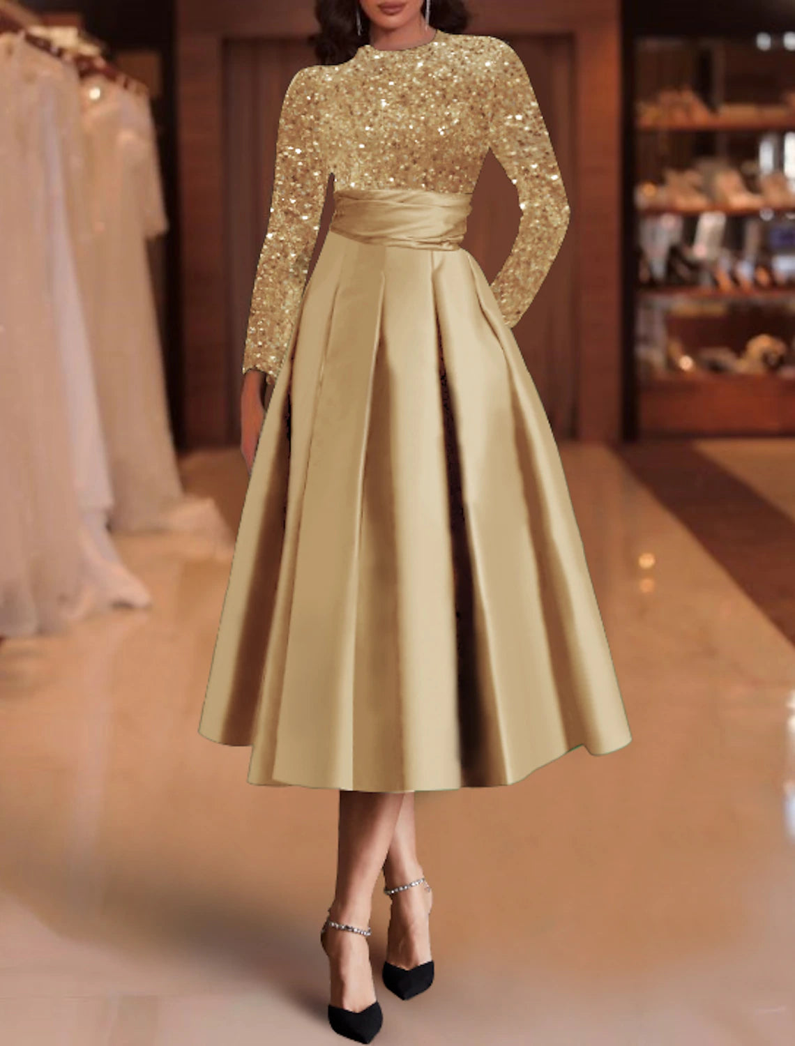 Wholesale A-Line Cocktail Dresses Elegant Dress Christmas Red Green Dress Wedding Guest Tea Length Long Sleeve Jewel Neck Satin with Pleats Sequin