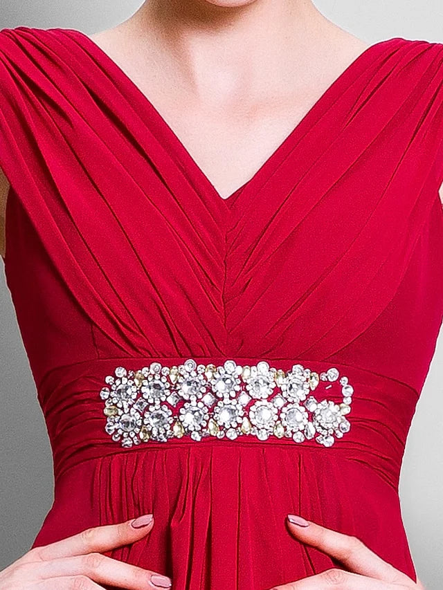 Wholesale A-Line Mother of the Bride Dress Open Back V Neck Floor Length Chiffon Sleeveless with Beading Side Draping