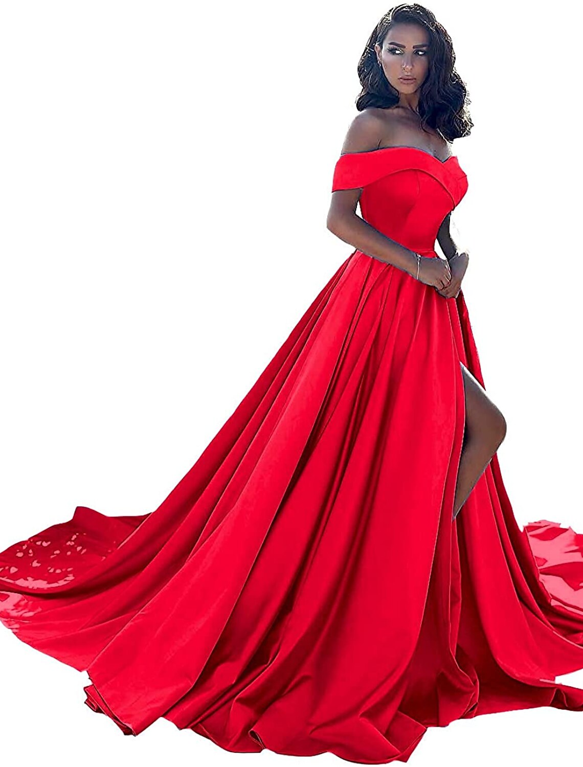 Wholesale  A-Line Minimalist Sexy Prom Formal Evening Dress Off Shoulder Sleeveless Chapel Train Satin with Split Front