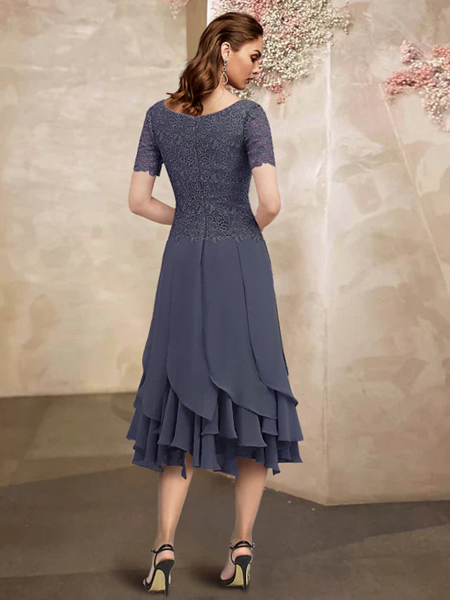 Wholesale Mermaid / Trumpet Mother of the Bride Dress Elegant High Low Jewel Neck Asymmetrical Tea Length Chiffon Lace Short Sleeve Wrap Included with Lace Ruffles