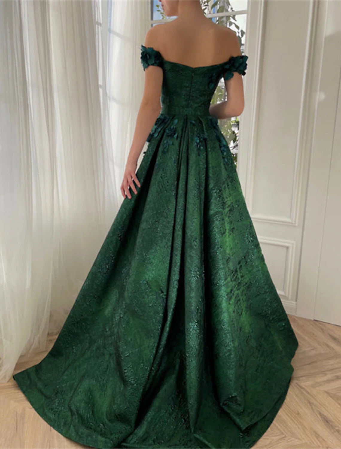 Wholesale A-Line Prom Dresses Floral Dress Wedding Guest Wedding Party Court Train Sleeveless Off Shoulder Satin with Slit Appliques