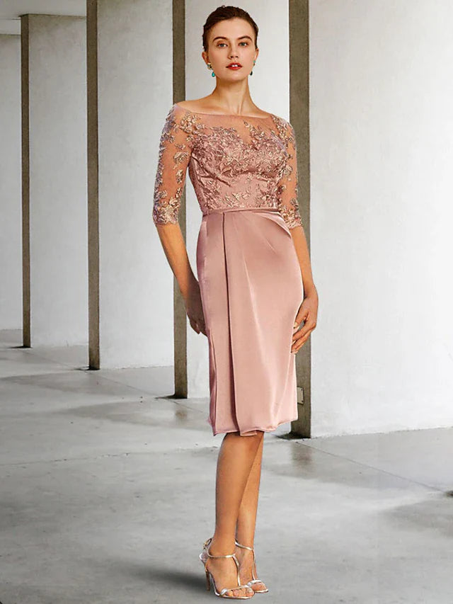 Wholesale Sheath / Column Mother of the Bride Dress Vintage Elegant Jewel Neck Knee Length Lace Charmeuse Half Sleeve with Appliques Side-Draped